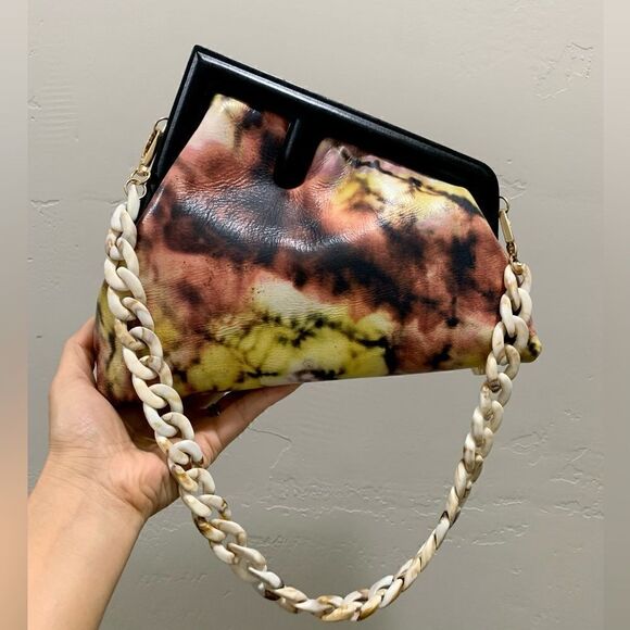 Handmade Genuine Premium Leather Tie-dye Printed Wooden Frame Bag with 2 Straps - Picture 5 of 16